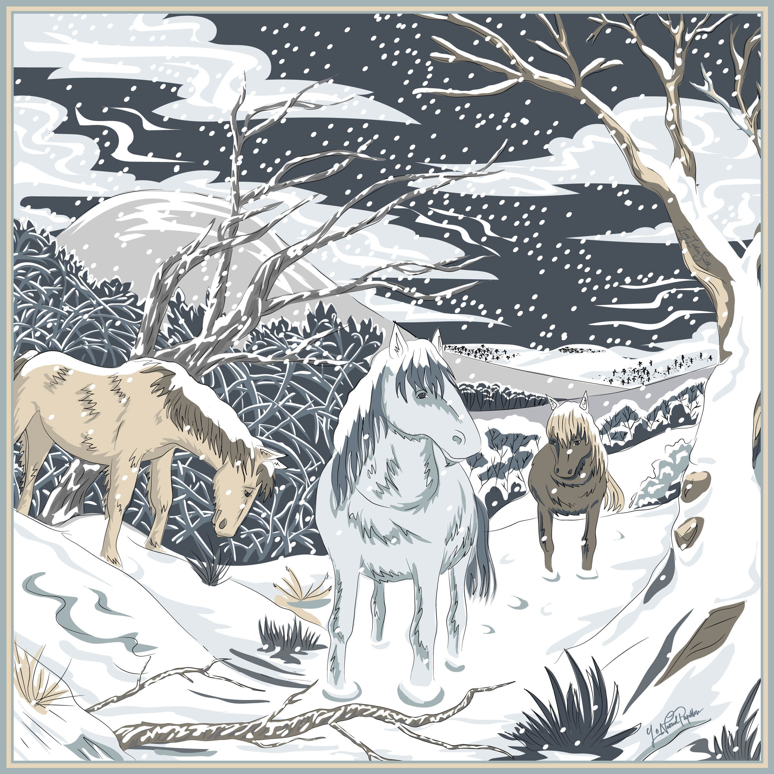 The Snow Brumbies By Le Noeud Papillon - A 90x 90cm Silk Kerchief And Pochette